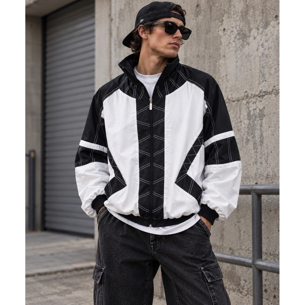 Vintage Janeve Windbreaker Jacket Womens L Black White Colorblock 80s 90s Retro